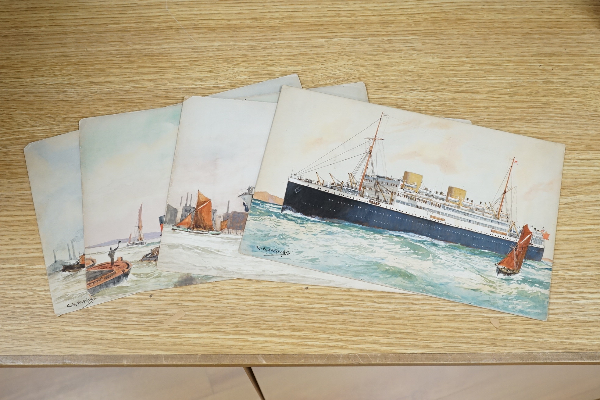 Charles R. Hopkins, set of four original watercolours for postcard designs, maritime ocean liners, to include Orient Liner on the Lower Thames, RMS Mooltan, P&O Line and RMS Asturias Royal Mail Liner, each signed, 17 x 2
